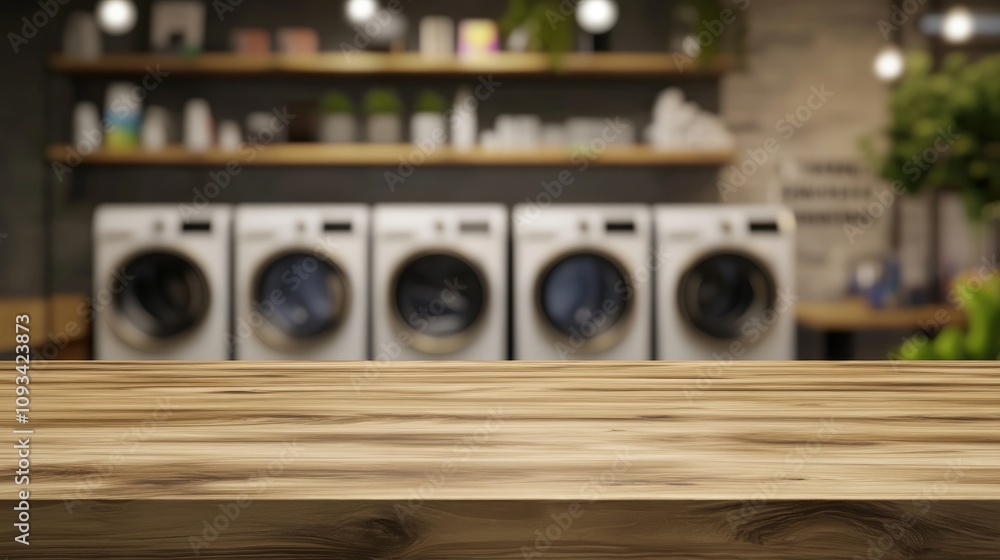 Wooden counter mockup in a laundry setting with blurred background showcasing washing machines and modern interior decor elements. Wooden counter mockup in a laundry setting with blurred background showcasing washing machines and modern interior decor elements.