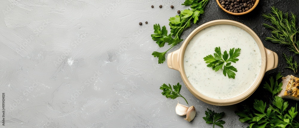 A bowl of creamy soup garnished with parsley and surrounded by fresh herbs. A bowl of creamy soup garnished with parsley and surrounded by fresh herbs.