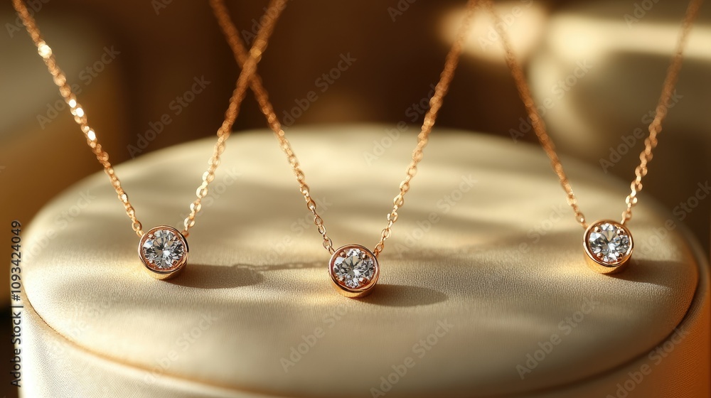 Fototapeta premium Three elegant rose gold necklaces with sparkling stones, showcasing jewelry design and luxury.