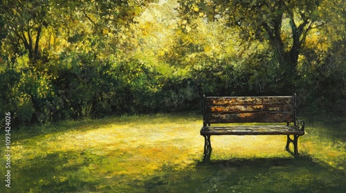 Serene Park Bench Surrounded by Lush Greenery and Sunlit Trees Showcasing Textural Contrast and Atmospheric Depth