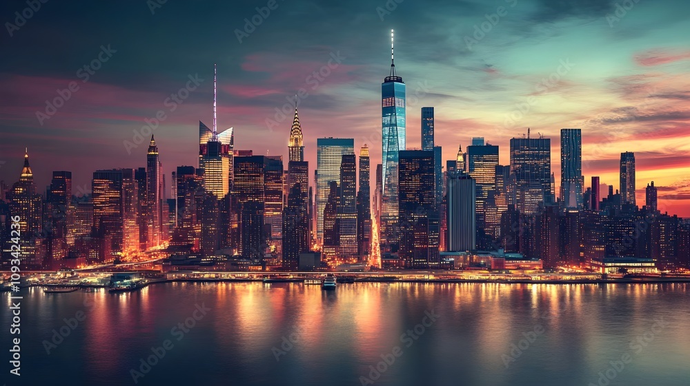 Φωτογραφία Vibrant Twilight Cityscape of New York City with Iconic Skyscrapers Glowing agai