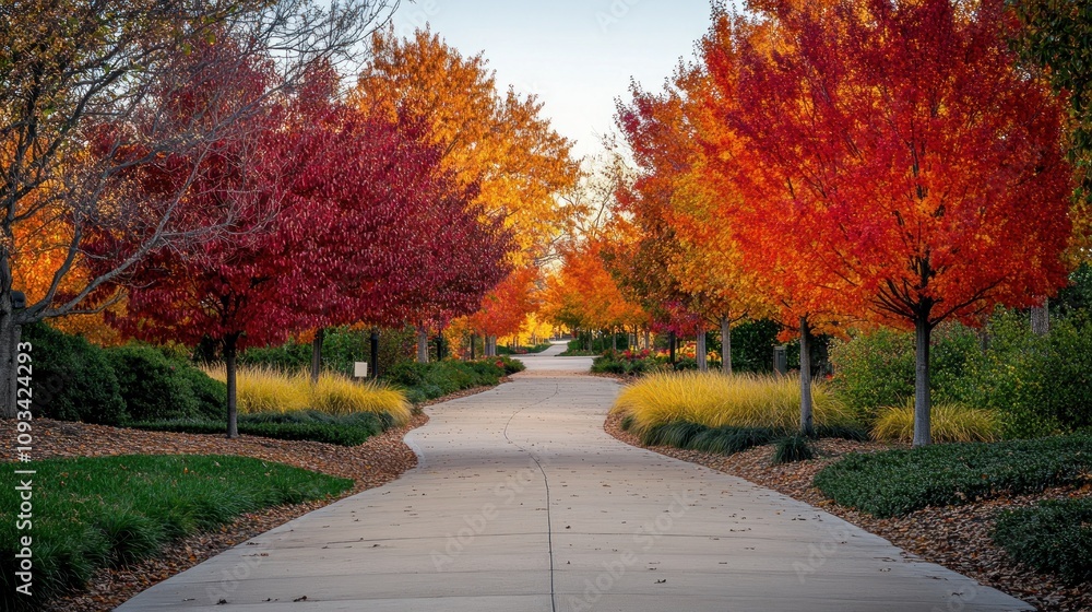Naklejka premium Autumn Pathway Lined With Colorful Trees