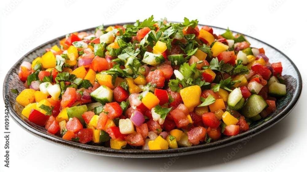 Close-up of a colorful and fresh vegetable salad overflowing with diced tomatoes, cucumbers, bell peppers, and fresh herbs on a sleek black plate against a white background. Close-up of a colorful and fresh vegetable salad overflowing with diced tomatoes, cucumbers, bell peppers, and fresh herbs on a sleek black plate against a white background.