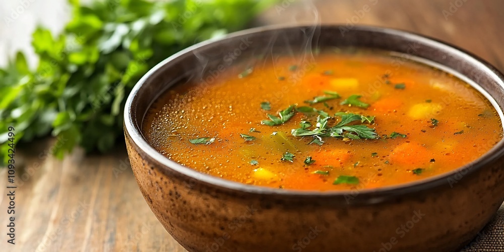 Steaming Bowl of Vegetable Soup with Carrots Celery and Herbs on Wooden Table Steaming Bowl of Vegetable Soup with Carrots Celery and Herbs on Wooden Table
