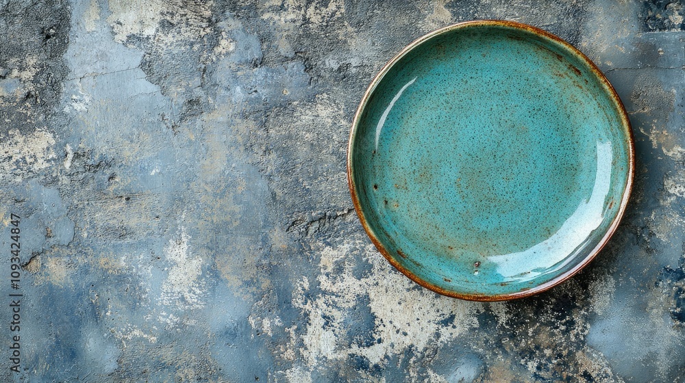 Turquoise ceramic plate resting on a textured concrete surface from an aerial view with ample negative space ideal for text placement Turquoise ceramic plate resting on a textured concrete surface from an aerial view with ample negative space ideal for text placement