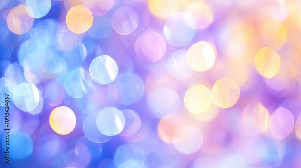 Fototapeta premium Ethereal soft focus background with pastel holographic metallic foil, blending shades of blue, purple, lavender, and yellow in an abstract festive design.