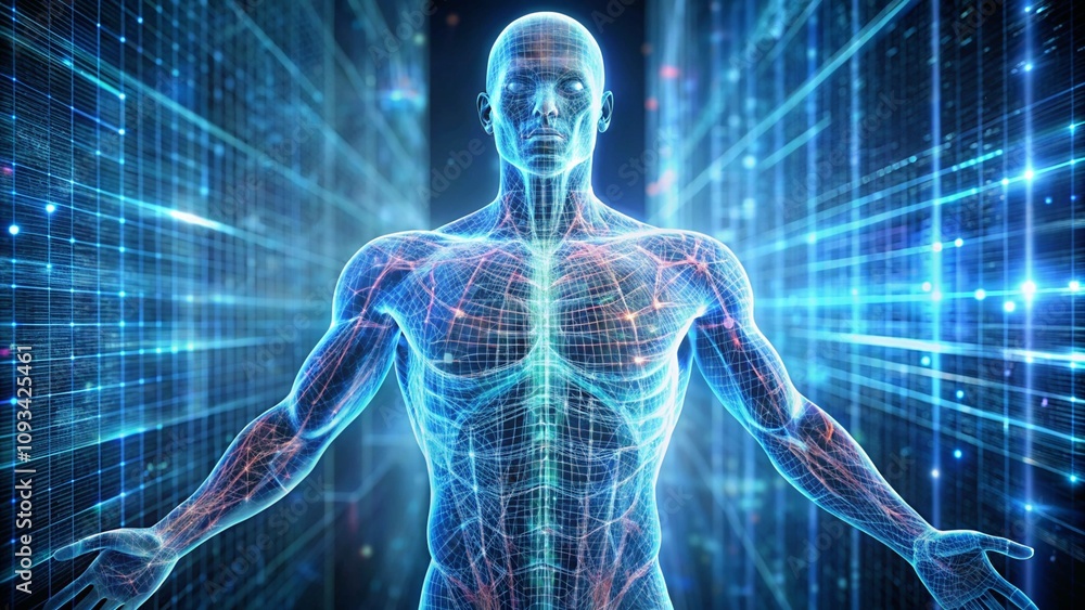 A futuristic figure with a transparent body, showing holographic code running through its veins A futuristic figure with a transparent body, showing holographic code running through its veins