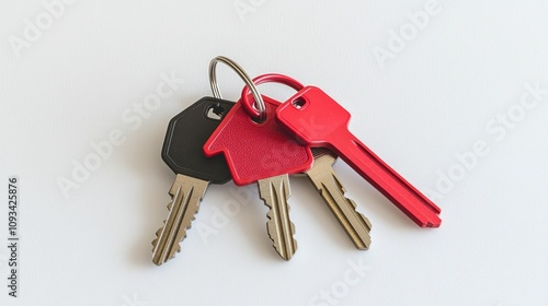 House keys with a red house-shaped keychain on a clean white background showcasing a stylish and functional accessory for home security.