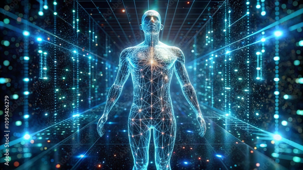 A holographic figure made of glowing code strings, floating in a dark futuristic space A holographic figure made of glowing code strings, floating in a dark futuristic space
