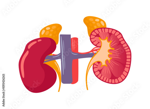 Human kidneys structure, adrenal glands, veins and arteries. Vector Illustration in anatomically realistic style. Healthy organs of the urinary system. flat style. Health problems. Medical brochure