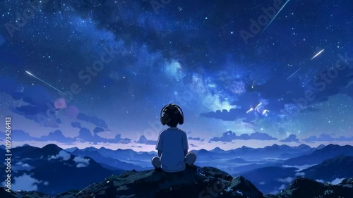 A child gazes at a starry sky filled with shooting stars over a mountainous landscape.