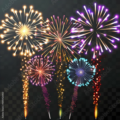 Set of colorful fireworks on a transparent background, vector illustration. PNG file with white and black background