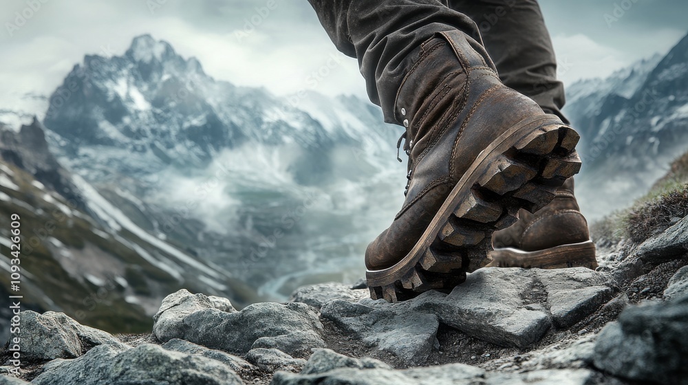 A close-up of a rugged boot belonging to a male hiker navigating rocky terrain with a breathtaking mountain backdrop. A close-up of a rugged boot belonging to a male hiker navigating rocky terrain with a breathtaking mountain backdrop.