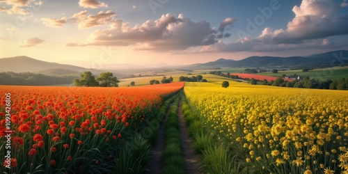 Colorful spring landscape in Moravia with vibrant red, yellow fields. Fields of flowers create picturesque scene under bright sky. Path winds through fields. Sunny day. Beautiful natural scenery. photo