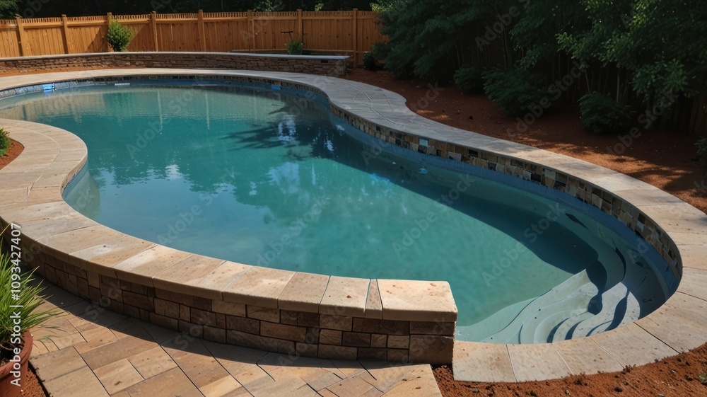 Freeform swimming pool with stone coping and decking. Freeform swimming pool with stone coping and decking.