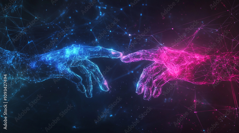 Robot and human hands touch big data of global network communication technology abstract background, data connections and a virtual graphic interface of technology, Science and artificial technology. Robot and human hands touch big data of global network communication technology abstract background, data connections and a virtual graphic interface of technology, Science and artificial technology.
