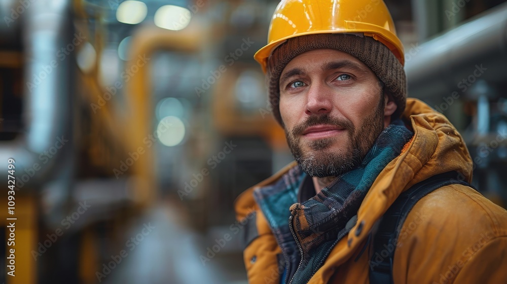 Skilled worker in a safety helmet stands confidently in an industrial plant during a busy workday. Generative AI Skilled worker in a safety helmet stands confidently in an industrial plant during a busy workday. Generative AI