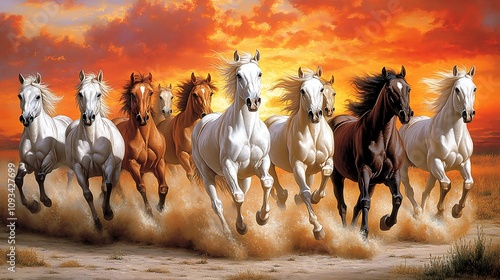 Eight horses run across a field at sunset.