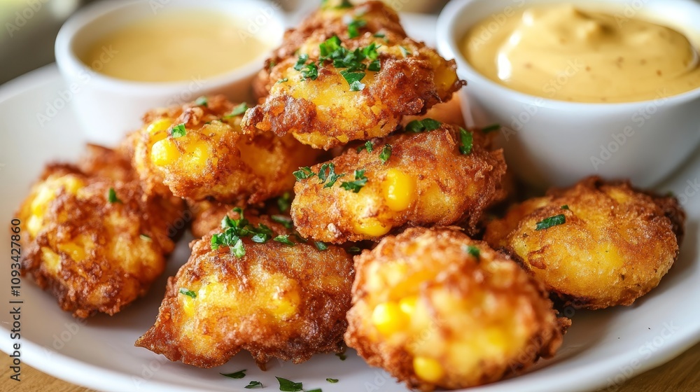 Delicious Golden-Brown Corn Fritters with Dipping Sauces - Crispy corn fritters, golden-brown, served with creamy dipping sauces. Perfect appetizer, snack, or side dish. Enjoy! Delicious Golden-Brown Corn Fritters with Dipping Sauces - Crispy corn fritters, golden-brown, served with creamy dipping sauces. Perfect appetizer, snack, or side dish. Enjoy!