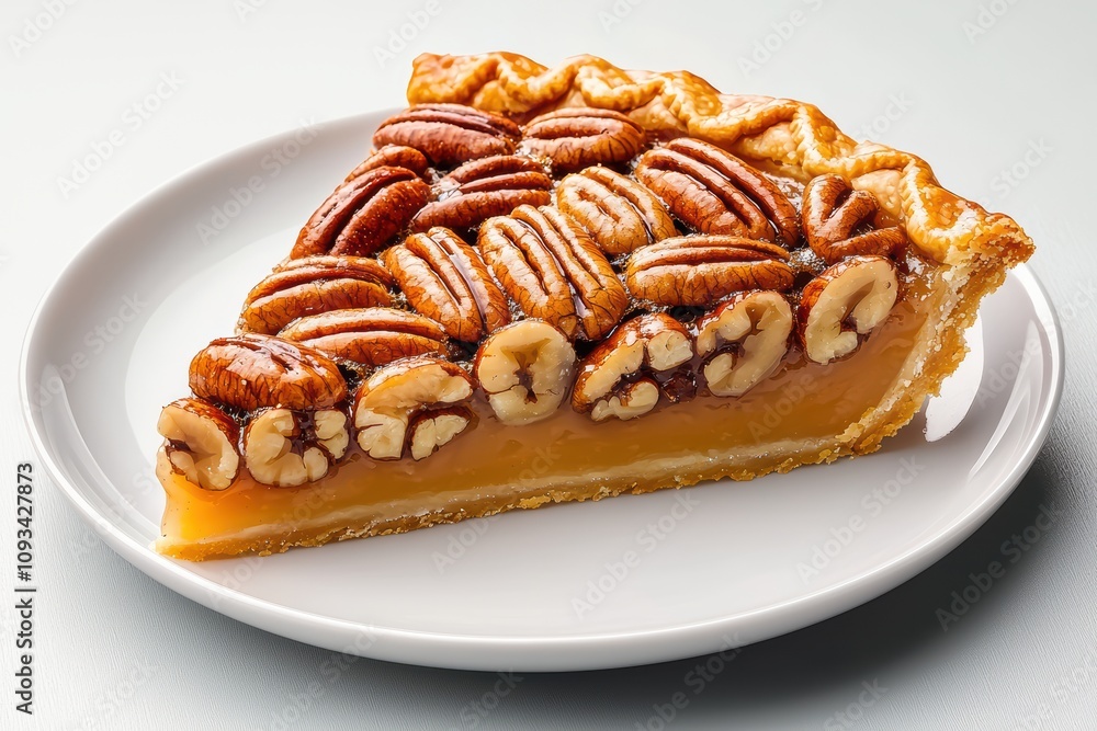 Delicious pecan pie slice on a white plate, showcasing a rich filling and crunchy topping. Delicious pecan pie slice on a white plate, showcasing a rich filling and crunchy topping.
