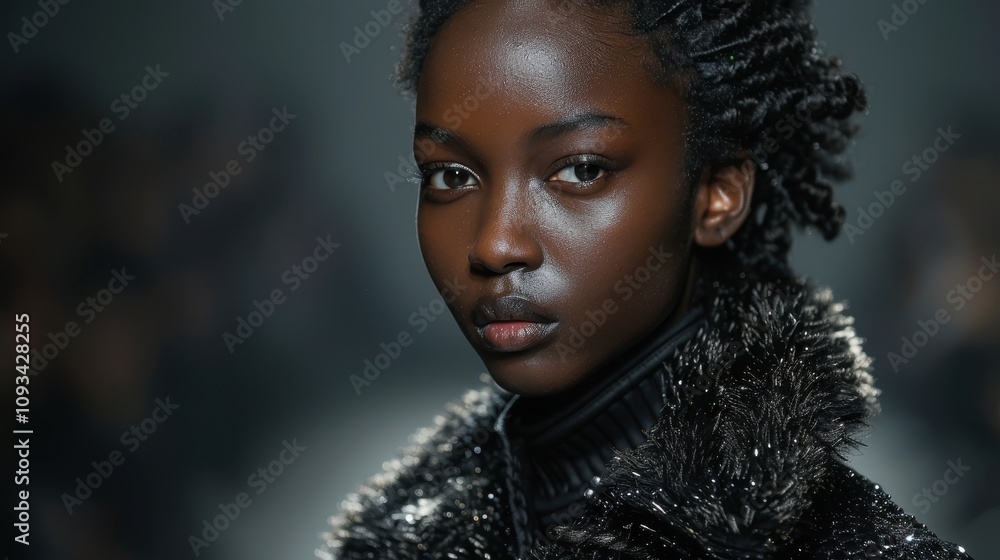 Stunning model showcases high fashion with unique hairstyle at runway event in vibrant city at night. Generative AI Stunning model showcases high fashion with unique hairstyle at runway event in vibrant city at night. Generative AI