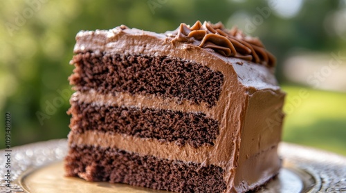 Delicious Three-Layer Chocolate Cake Slice - Indulge in this rich, decadent chocolate cake, featuring three moist layers and creamy frosting. Perfect for birthdays, celebrations, or a sweet treat.  Ch photo