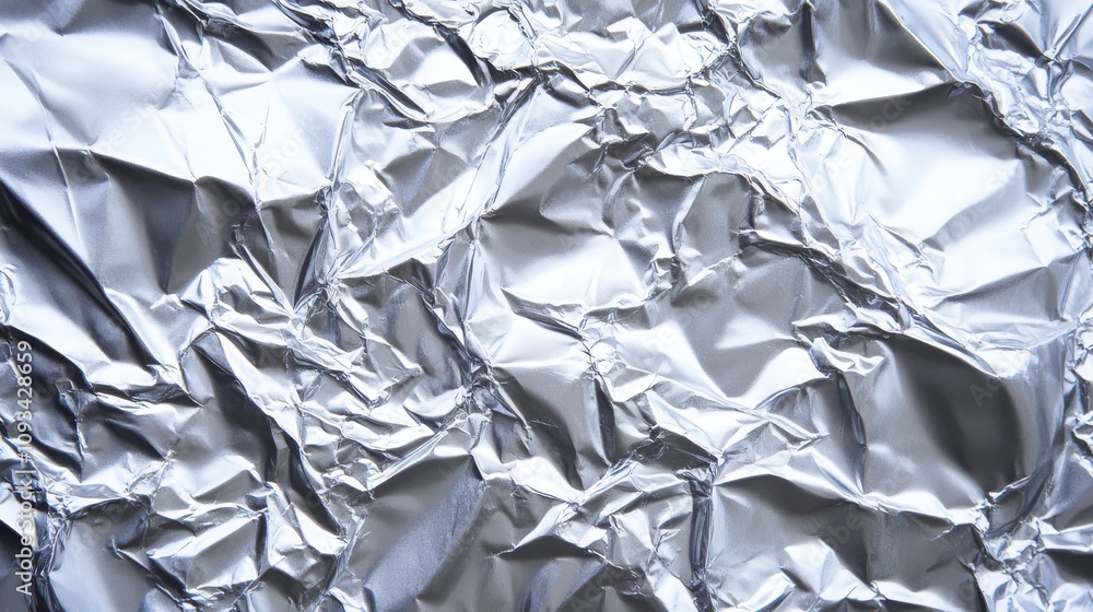 Close-up of crumpled silver foil, showcasing intricate textures and reflections. Close-up of crumpled silver foil, showcasing intricate textures and reflections.