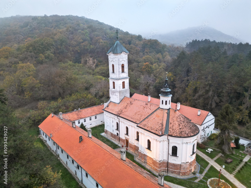 White Church in the Mountains - Aerial View from Drone, Frushka Mountain Serbia White Church in the Mountains - Aerial View from Drone, Frushka Mountain Serbia