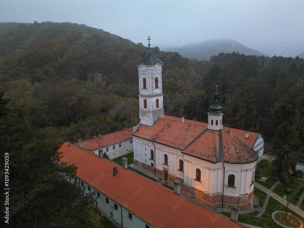 White Church in the Mountains - Aerial View from Drone, Frushka Mountain Serbia White Church in the Mountains - Aerial View from Drone, Frushka Mountain Serbia