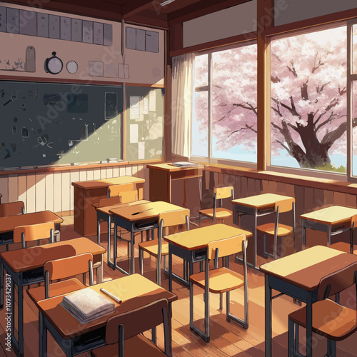 Sunlight illuminating empty classroom with desks and chairs, cherry blossom tree visible through window during spring season