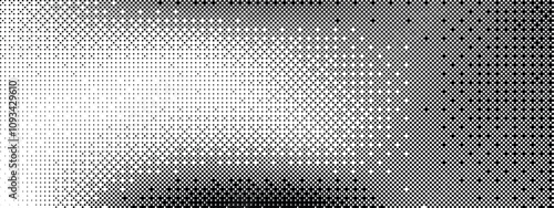 Pixelated bitmap gradient texture. Black and white dithered background. Abstract glitch-style pattern. Retro 8-bit video game screen aesthetic. Wide raster pixel art illustration. Vector