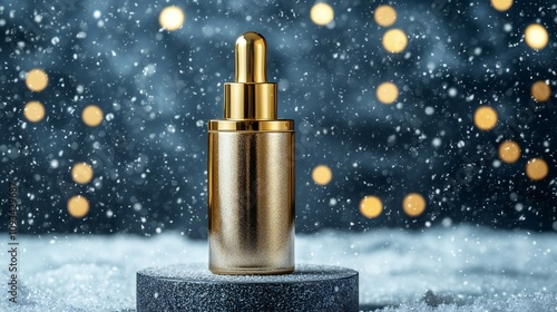 Luxury Gold Serum Bottle Winter Snow Background