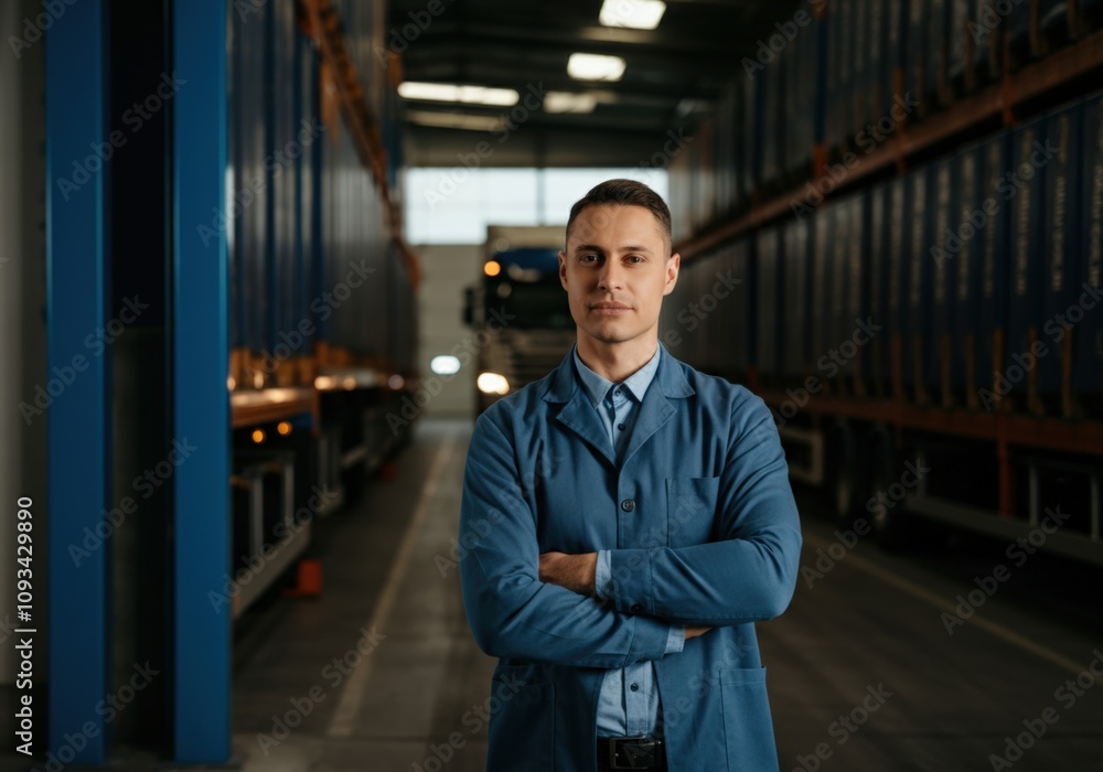 Fototapeta premium Confident Warehouse Worker in Blue Uniform