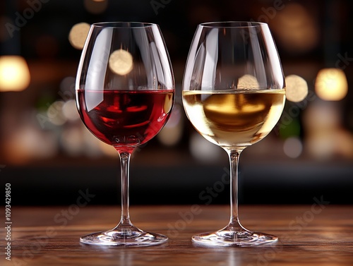 Two glasses of red and white wine sitting on a table