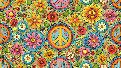 Hippie backgrounds. Retro floral peace sign pattern with vibrant colors