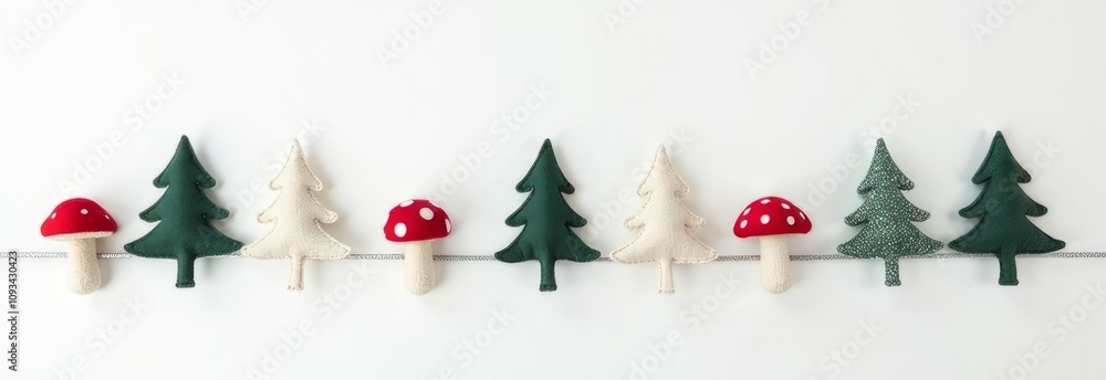 Festive Christmas Garland with Felt Mushrooms and Trees in Red White Green Decoration Concept Festive Christmas Garland with Felt Mushrooms and Trees in Red White Green Decoration Concept