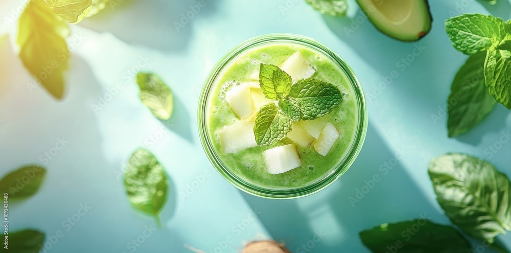 Refreshing Green Smoothie in Glass with Mint Leaves, Diced Apples, and Avocado on Light Green Surface Surrounded by Fresh Mint Leaves and Ingredients Refreshing Green Smoothie in Glass with Mint Leaves, Diced Apples, and Avocado on Light Green Surface Surrounded by Fresh Mint Leaves and Ingredients