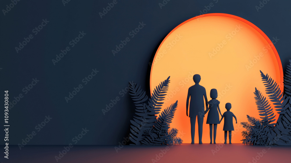 Fototapeta premium family silhouette stands under luminous arch, surrounded by ferns
