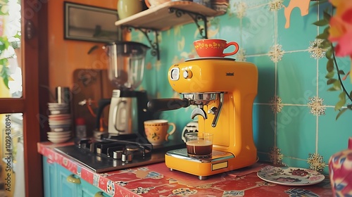 A lovely wee yellow espresso maker in a colorful kitchen photo