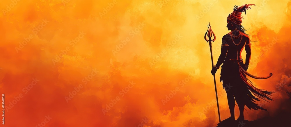 Lord Shiva, the Destroyer, Stands Silhouetted Against a Fiery, Orange Sky Lord Shiva, the Destroyer, Stands Silhouetted Against a Fiery, Orange Sky