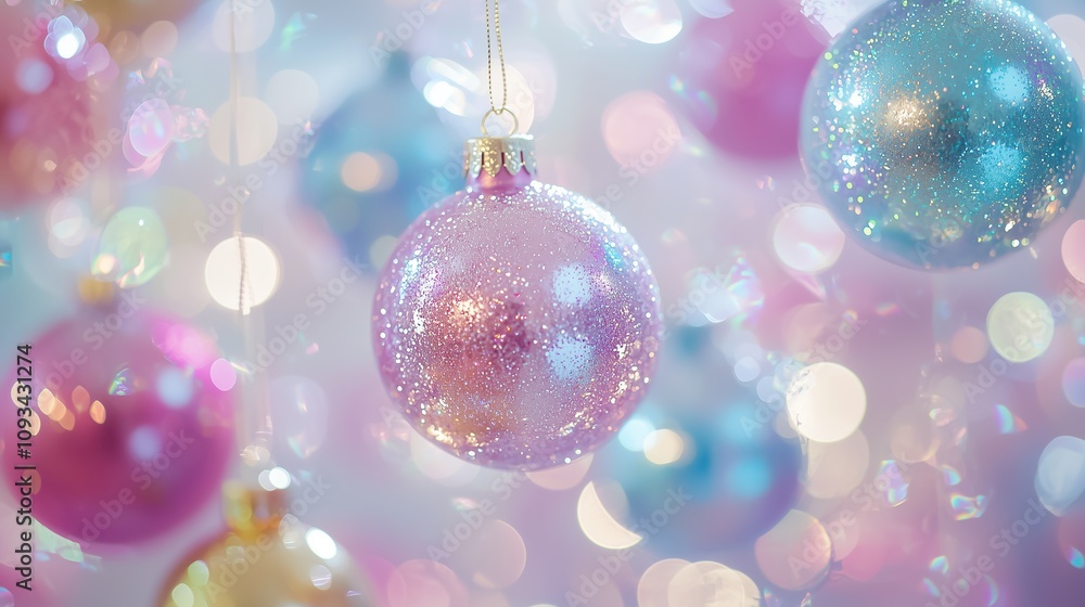 Pastel Christmas ornaments with iridescent glow on a pastel bokeh background. Perfect for banners, invitations, and holiday designs. Pastel Christmas ornaments with iridescent glow on a pastel bokeh background. Perfect for banners, invitations, and holiday designs.
