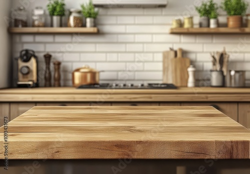 Rustic Kitchen Countertop with Wooden Surface and Modern Appliances in Background, Perfect for Food Preparation and Culinary Photography Inspiration