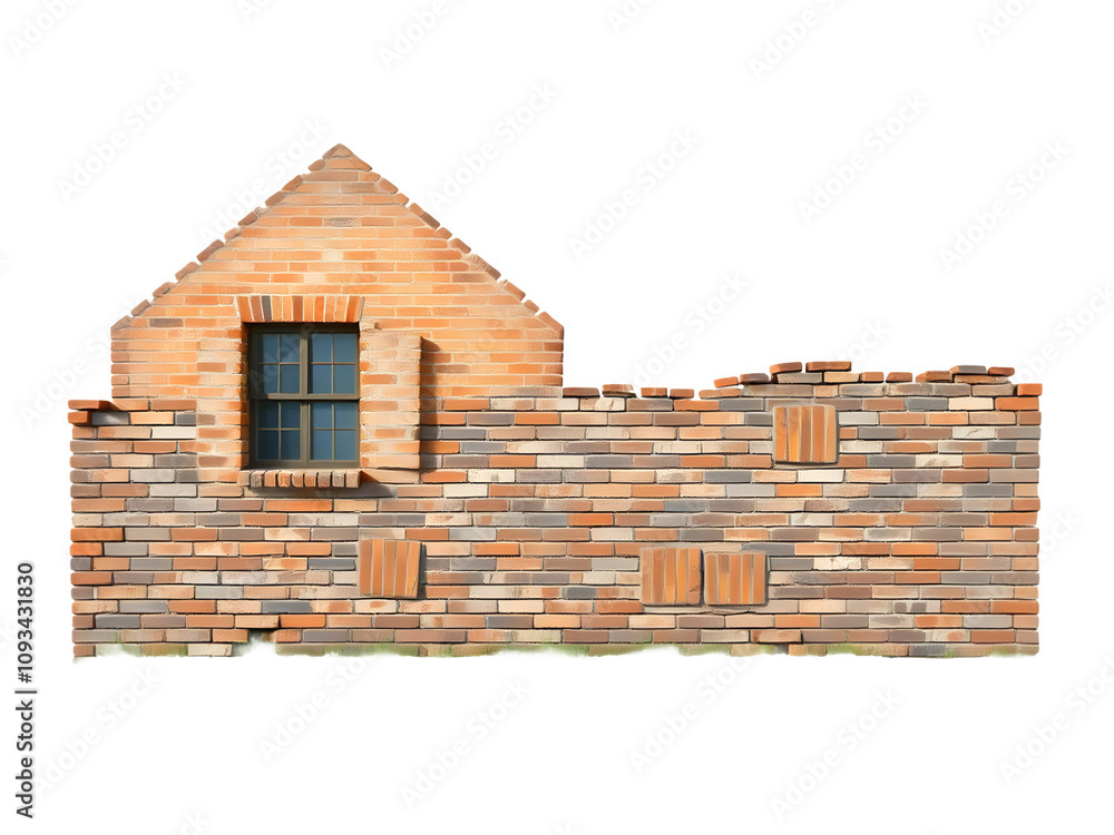 Fototapeta premium Rustic brick wall with a small window. Warm tones and textures, isolated on transparent white background.
