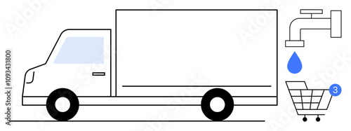 Large delivery truck with a faucet and water droplet beside a shopping cart containing three items. Ideal for logistics, e-commerce, delivery services, water supply, notifications, retail, commerce