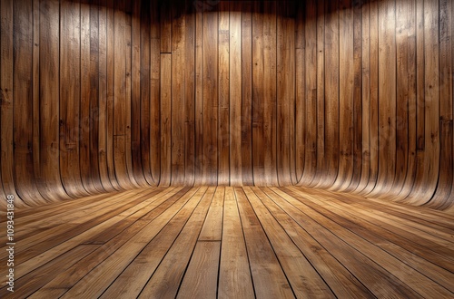 Rustic Wood Interior with Smooth Curved Walls and Flooring Perfect for Photography or Creative Backgrounds in Warm Natural Tones photo