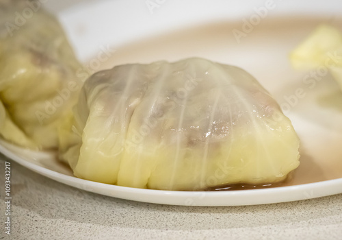 A piece of food wrapped in plastic wrap sits on a white plate photo