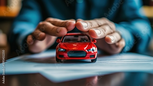 Business man's hand protecting red toy car on the desk. Planning to manage transportation finance costs. Concept of car insurance business, saving buy-sale with tax and loan for new car. 8k image 