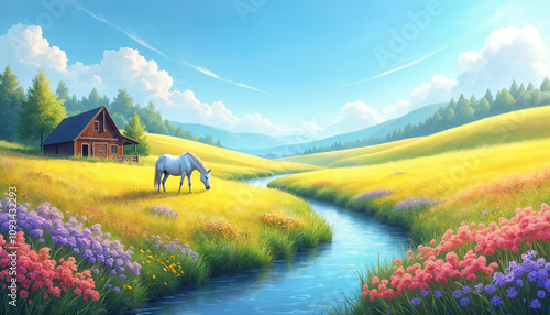 landscape with a house in the mountains