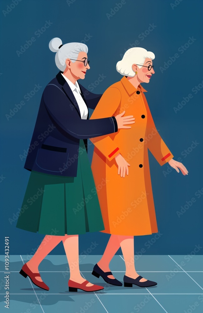 Two elderly women walk side by side. One woman supports the other. They wear coats and skirts. Women are walking in an indoor area. Scene shows care and support. Friendly and caring relationship.