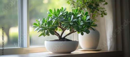 Jade Plant in a White Pot on a Windowsill